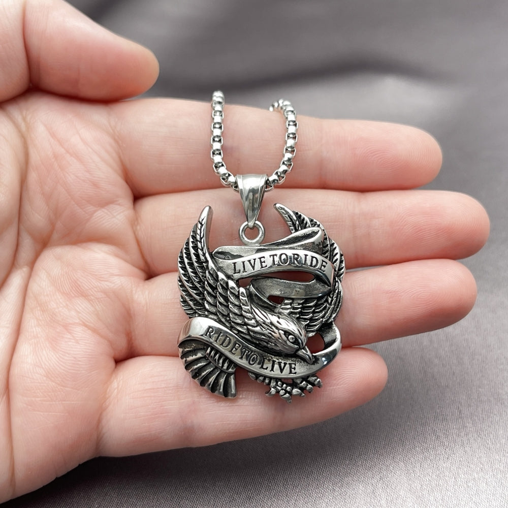 Stainless Steel Pendant Necklace, Eagle Design, Polished, Steel Finish