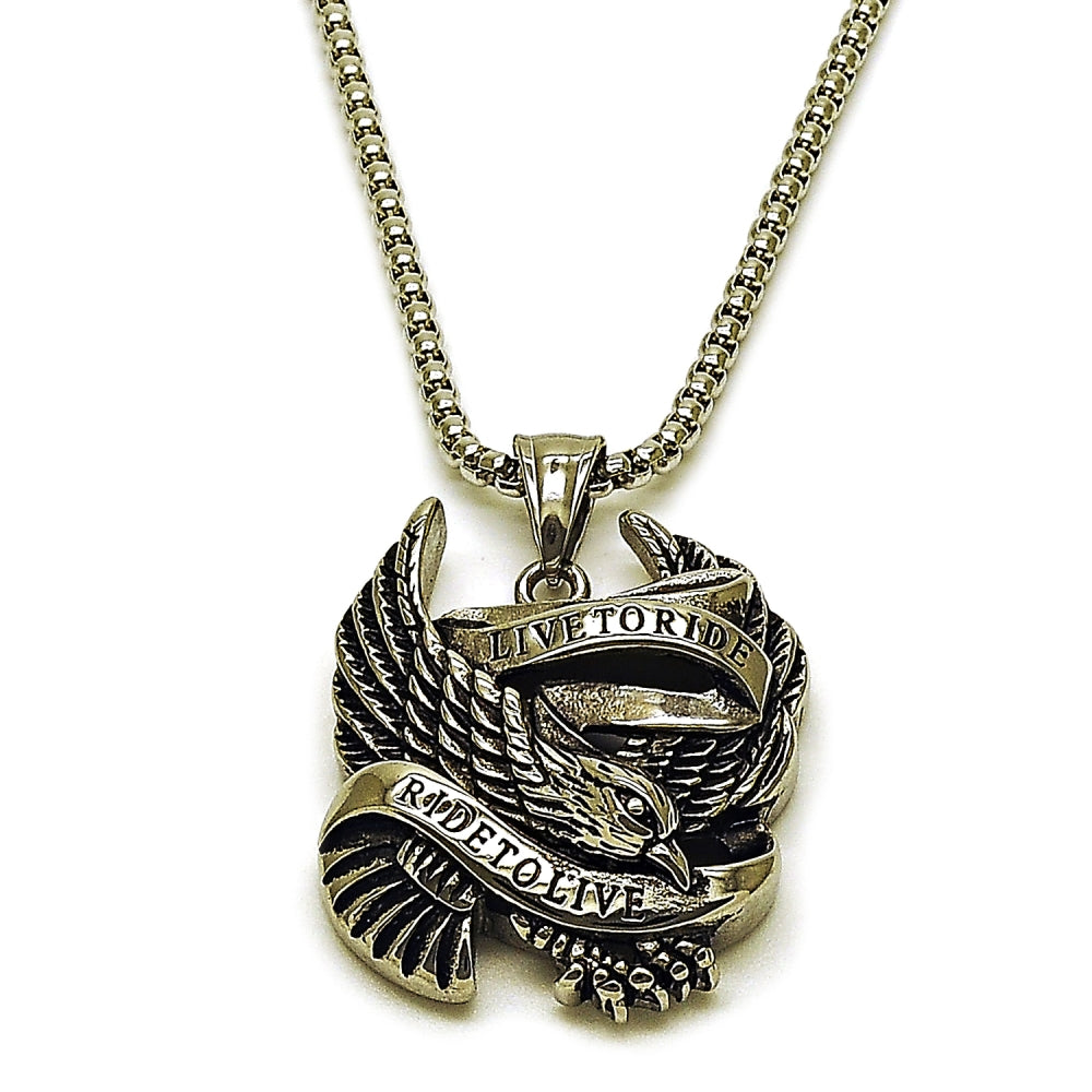 Stainless Steel Pendant Necklace, Eagle Design, Polished, Steel Finish