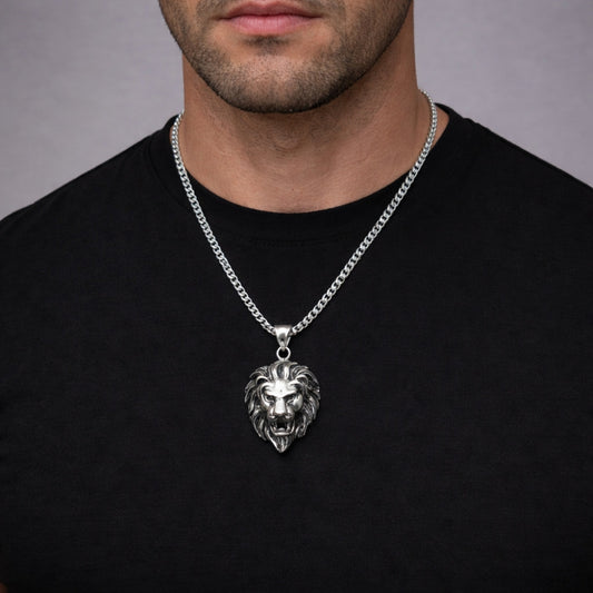 Stainless Steel Pendant Necklace, Lion Design, Polished, Steel Finish