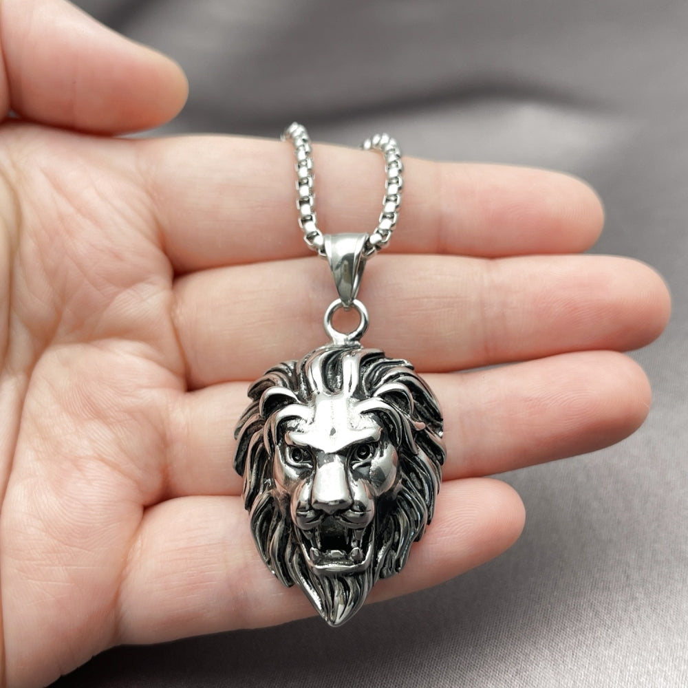 Stainless Steel Pendant Necklace, Lion Design, Polished, Steel Finish
