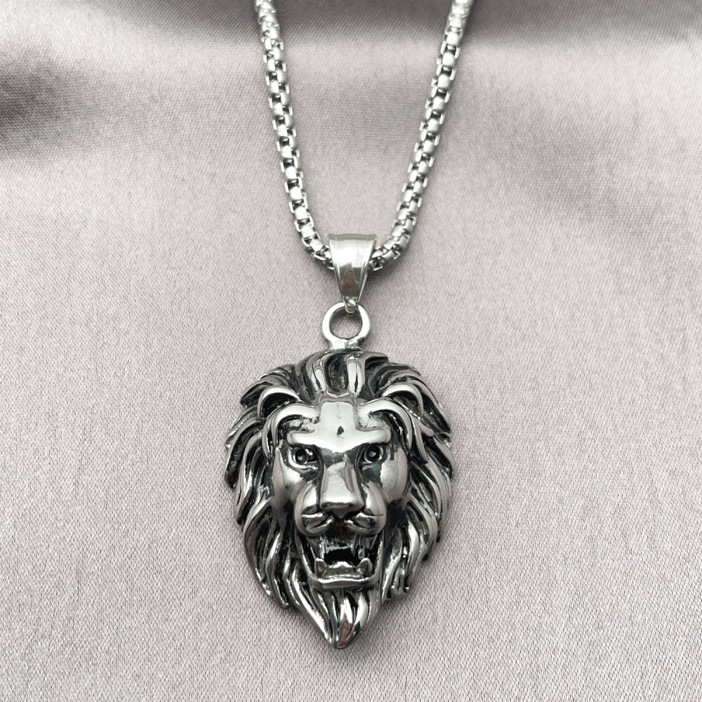 Stainless Steel Pendant Necklace, Lion Design, Polished, Steel Finish