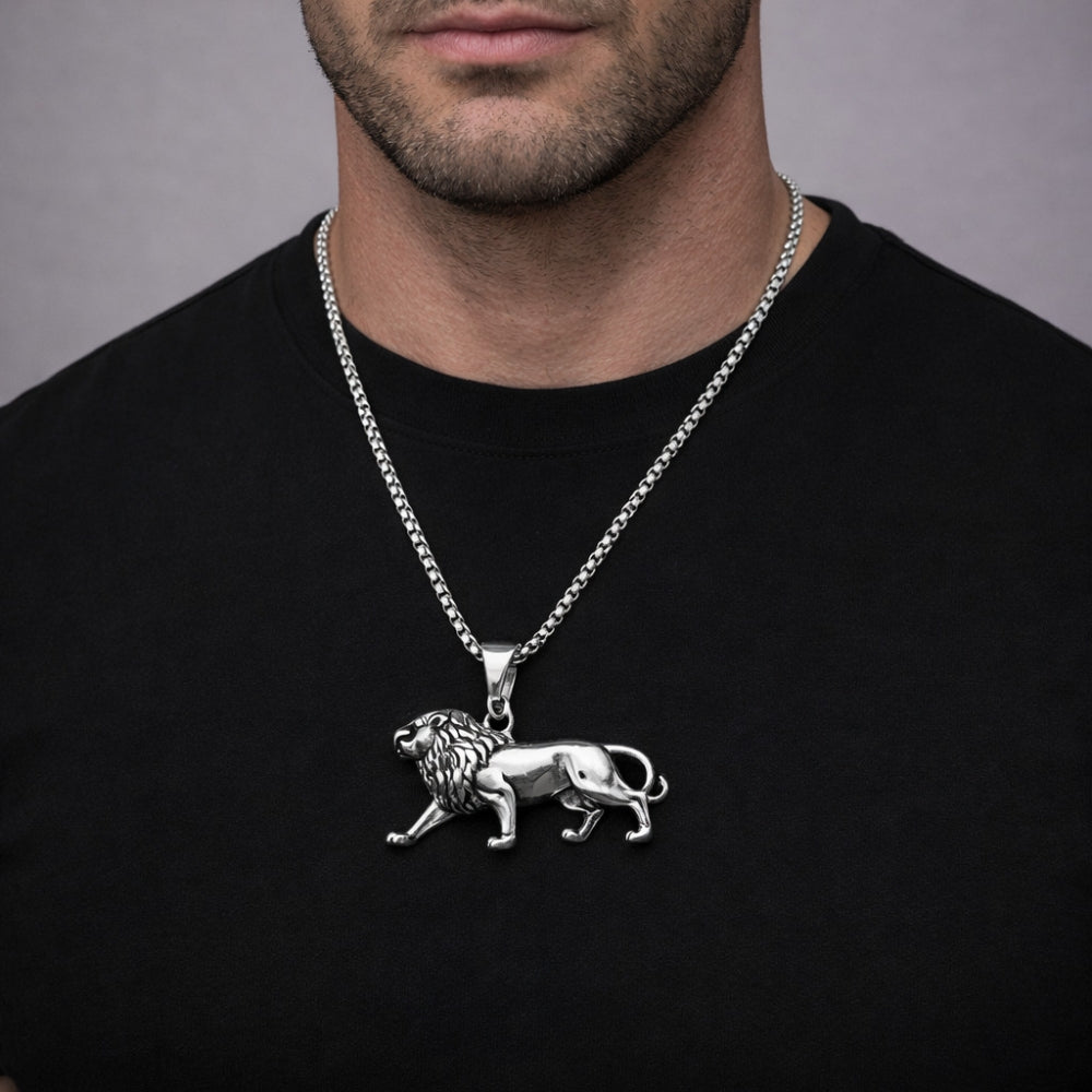 Stainless Steel Pendant Necklace, Lion Design, Polished, Steel Finish