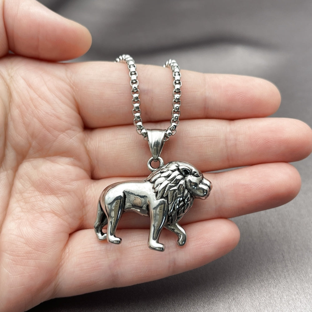 Stainless Steel Pendant Necklace, Lion Design, Polished, Steel Finish