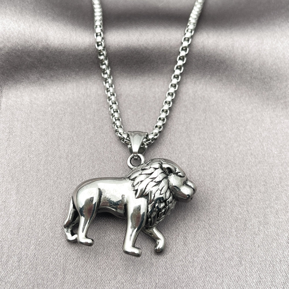 Stainless Steel Pendant Necklace, Lion Design, Polished, Steel Finish