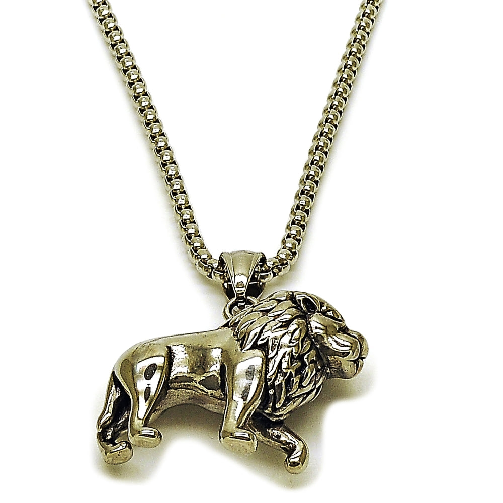 Stainless Steel Pendant Necklace, Lion Design, Polished, Steel Finish