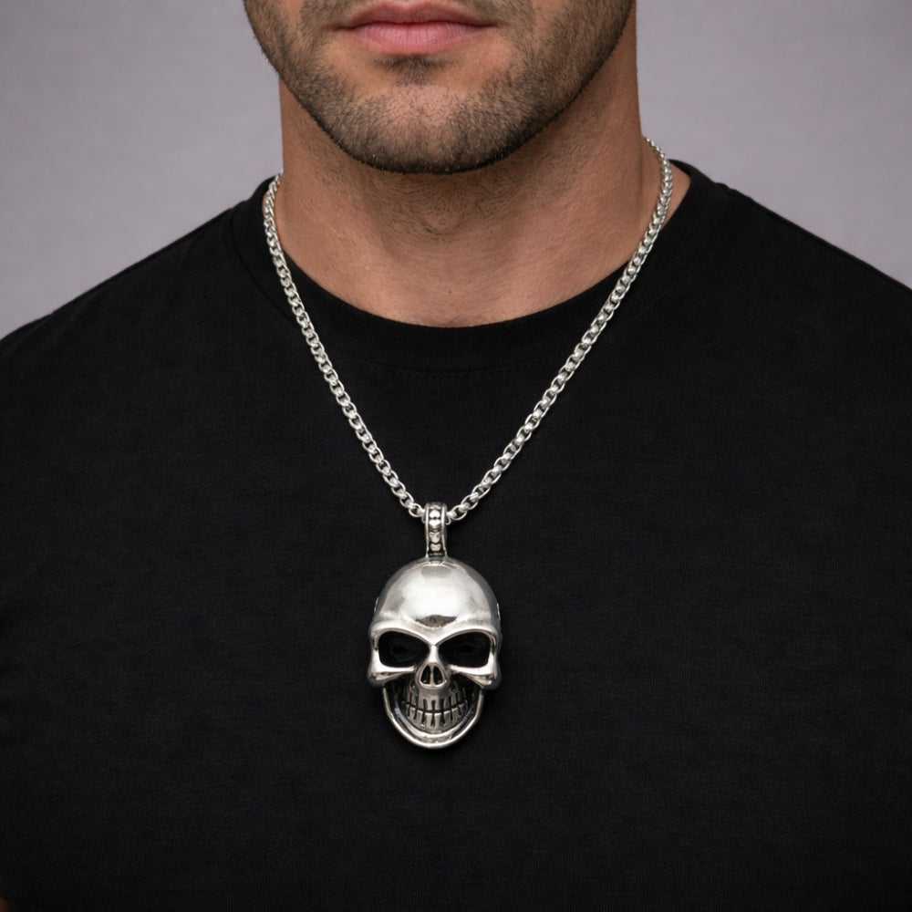 Stainless Steel Pendant Necklace, Skull Design, Polished, Steel Finish