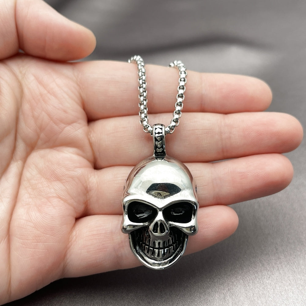 Stainless Steel Pendant Necklace, Skull Design, Polished, Steel Finish