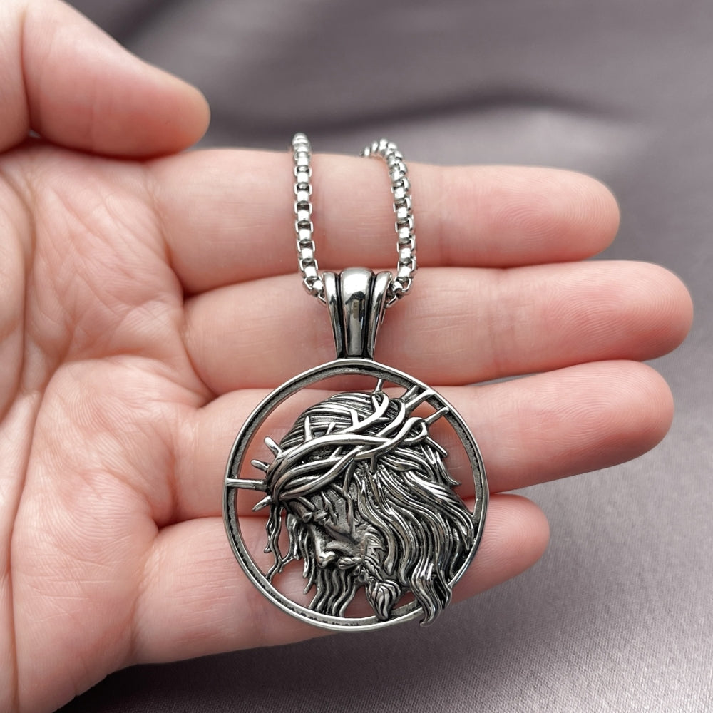 Stainless Steel Pendant Necklace, Jesus Design, Polished, Steel Finish