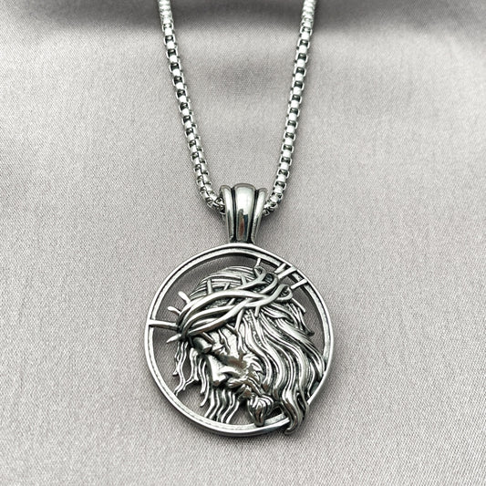 Stainless Steel Pendant Necklace, Jesus Design, Polished, Steel Finish