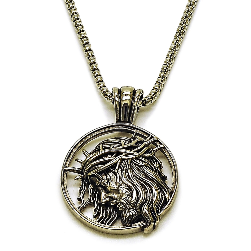 Stainless Steel Pendant Necklace, Jesus Design, Polished, Steel Finish