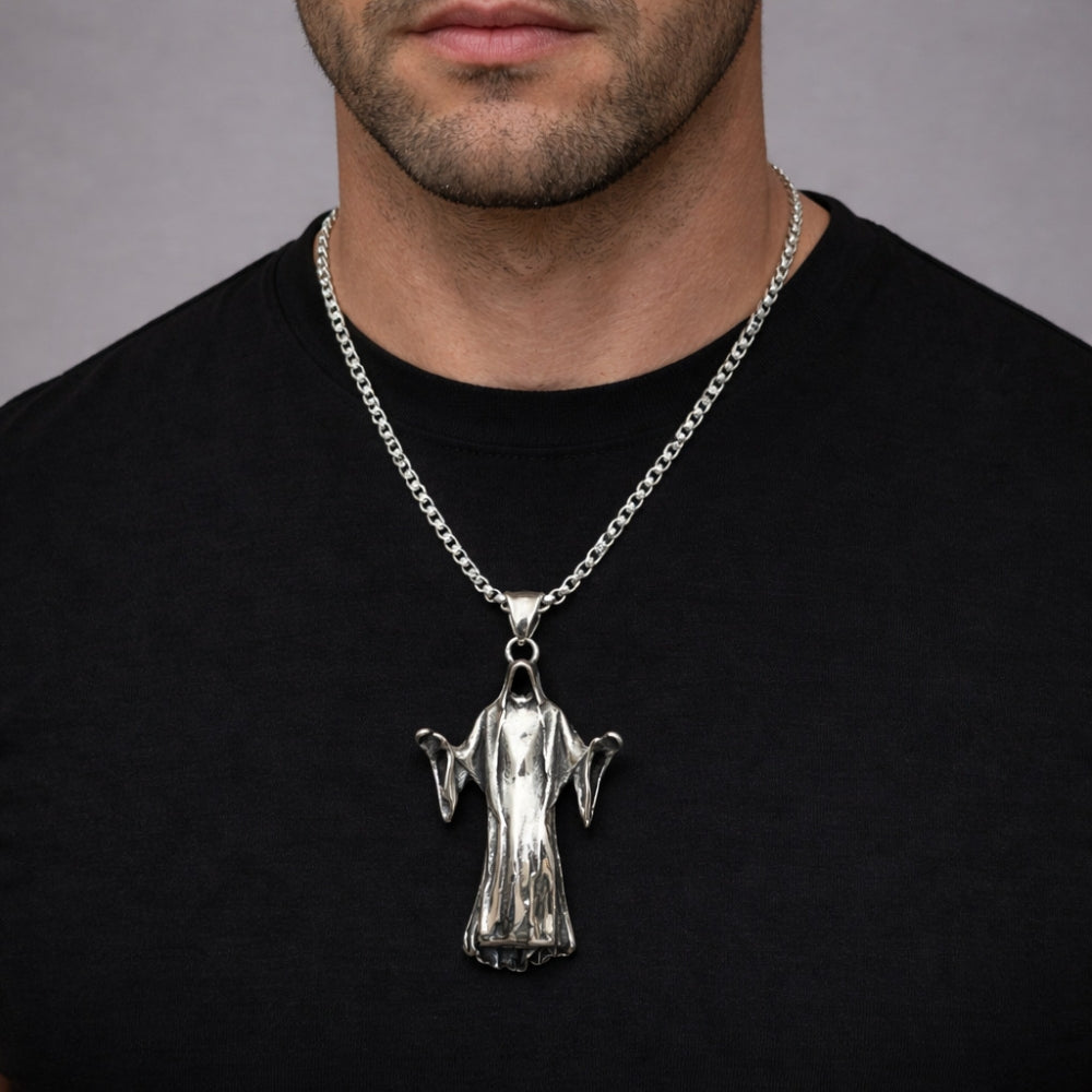 Stainless Steel Pendant Necklace, Santa Muerte Design, Polished, Steel Finish