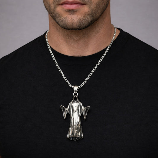 Stainless Steel Pendant Necklace, Santa Muerte Design, Polished, Steel Finish