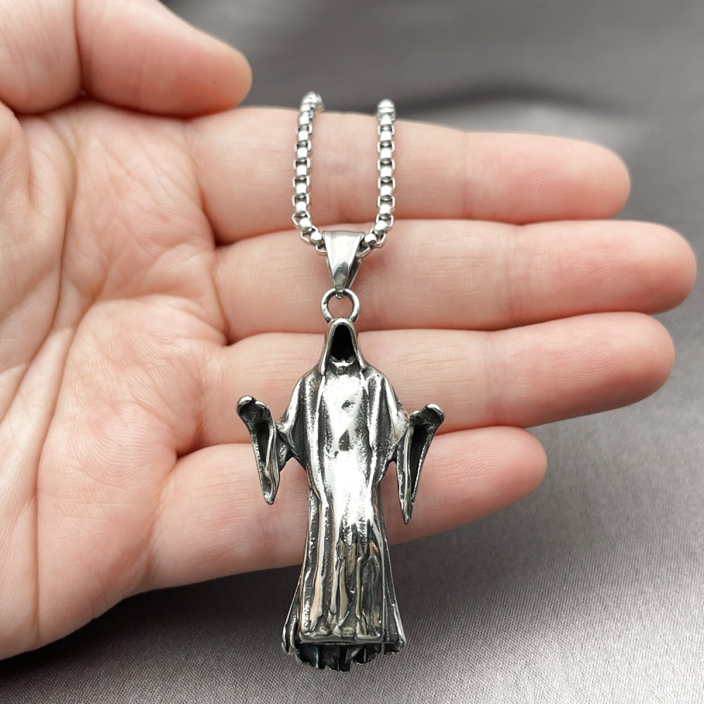 Stainless Steel Pendant Necklace, Santa Muerte Design, Polished, Steel Finish