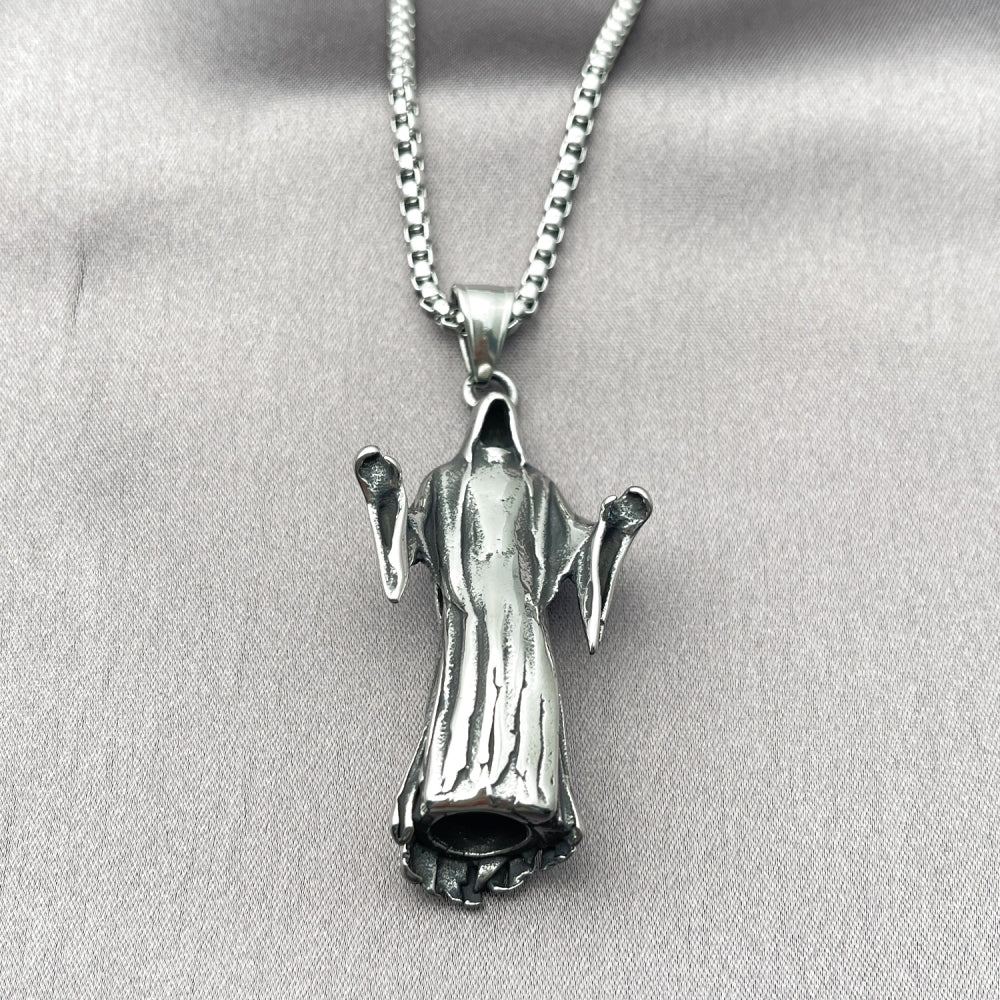 Stainless Steel Pendant Necklace, Santa Muerte Design, Polished, Steel Finish