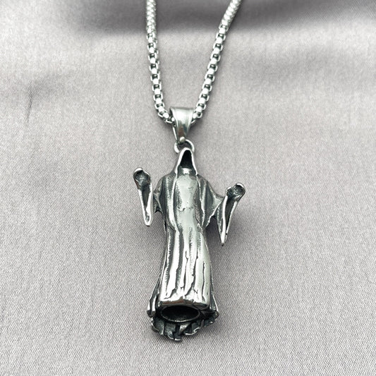 Stainless Steel Pendant Necklace, Santa Muerte Design, Polished, Steel Finish