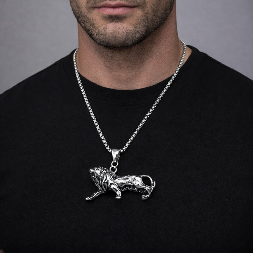 Stainless Steel Pendant Necklace, Lion Design, Polished, Steel Finish