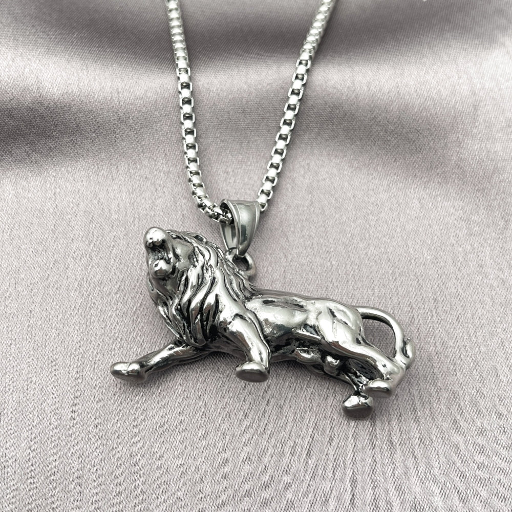 Stainless Steel Pendant Necklace, Lion Design, Polished, Steel Finish