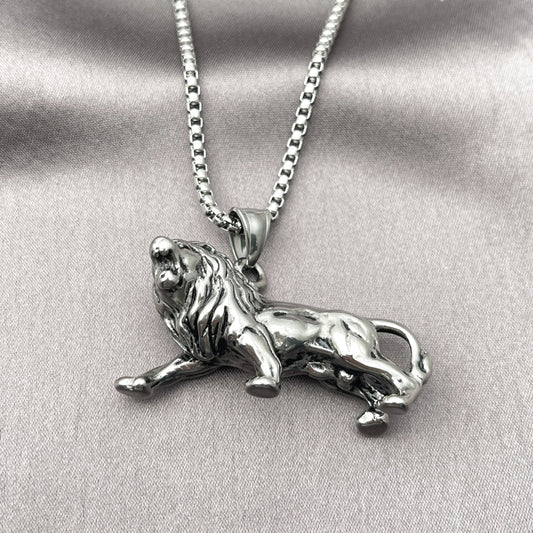Stainless Steel Pendant Necklace, Lion Design, Polished, Steel Finish