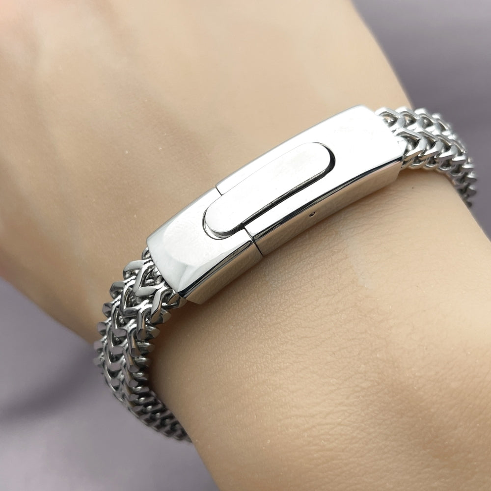 Stainless Steel Fancy Bracelet, Square Franco Design, Polished, Steel Finish