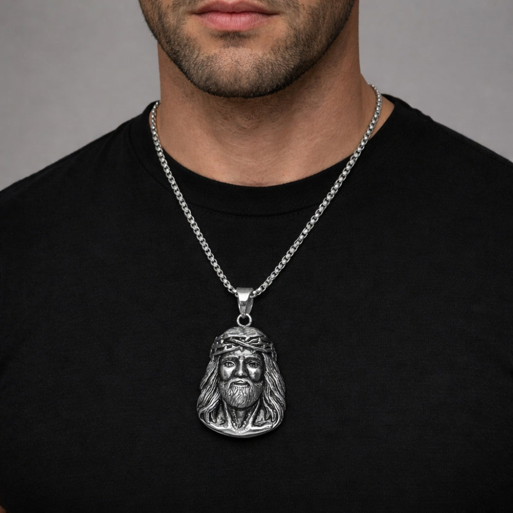 Stainless Steel Pendant Necklace, Jesus Design, Polished, Steel Finish
