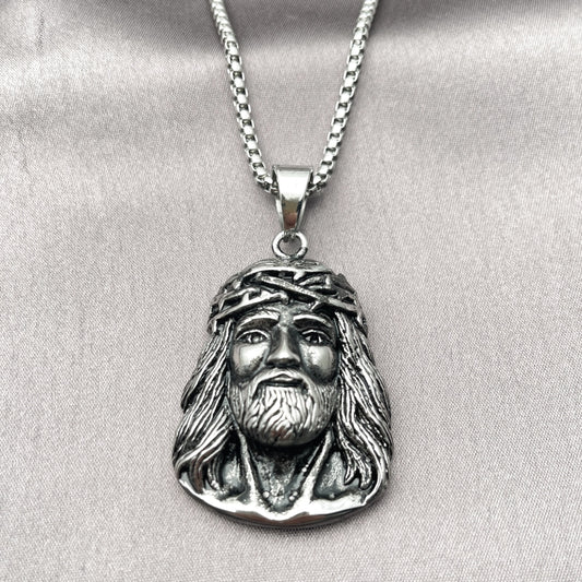 Stainless Steel Pendant Necklace, Jesus Design, Polished, Steel Finish