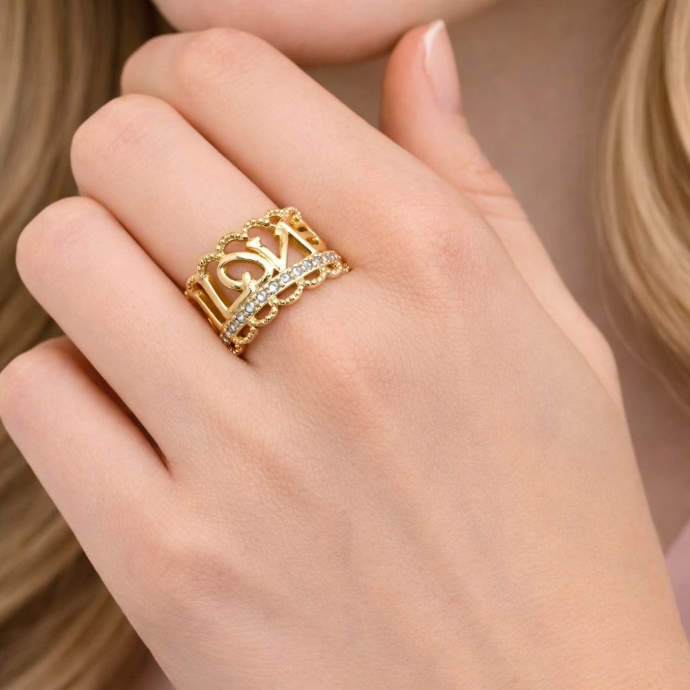 Oro Laminado Multi Stone Ring, Gold Filled Style Love Design, with White Cubic Zirconia, Polished, Golden Finish