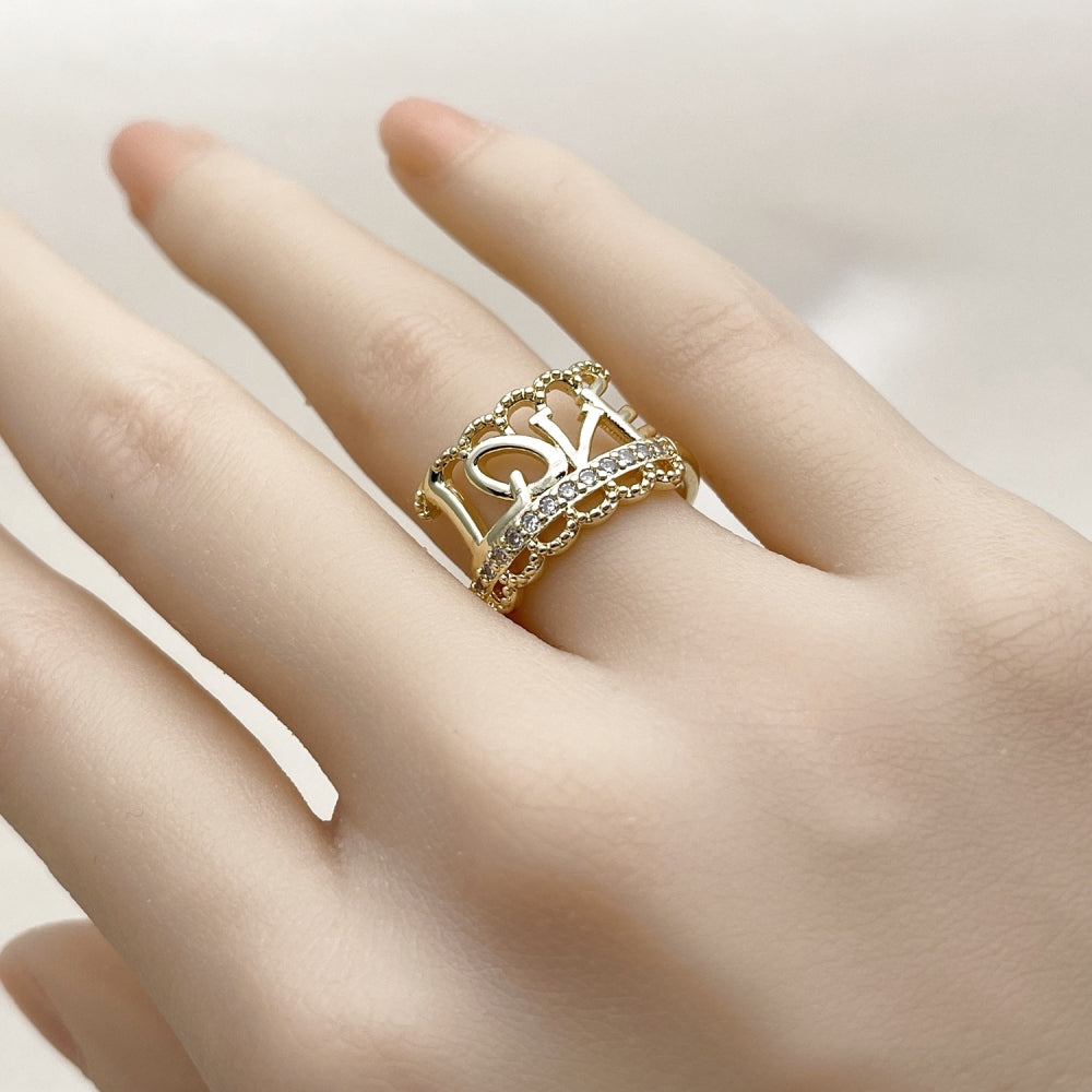 Oro Laminado Multi Stone Ring, Gold Filled Style Love Design, with White Cubic Zirconia, Polished, Golden Finish