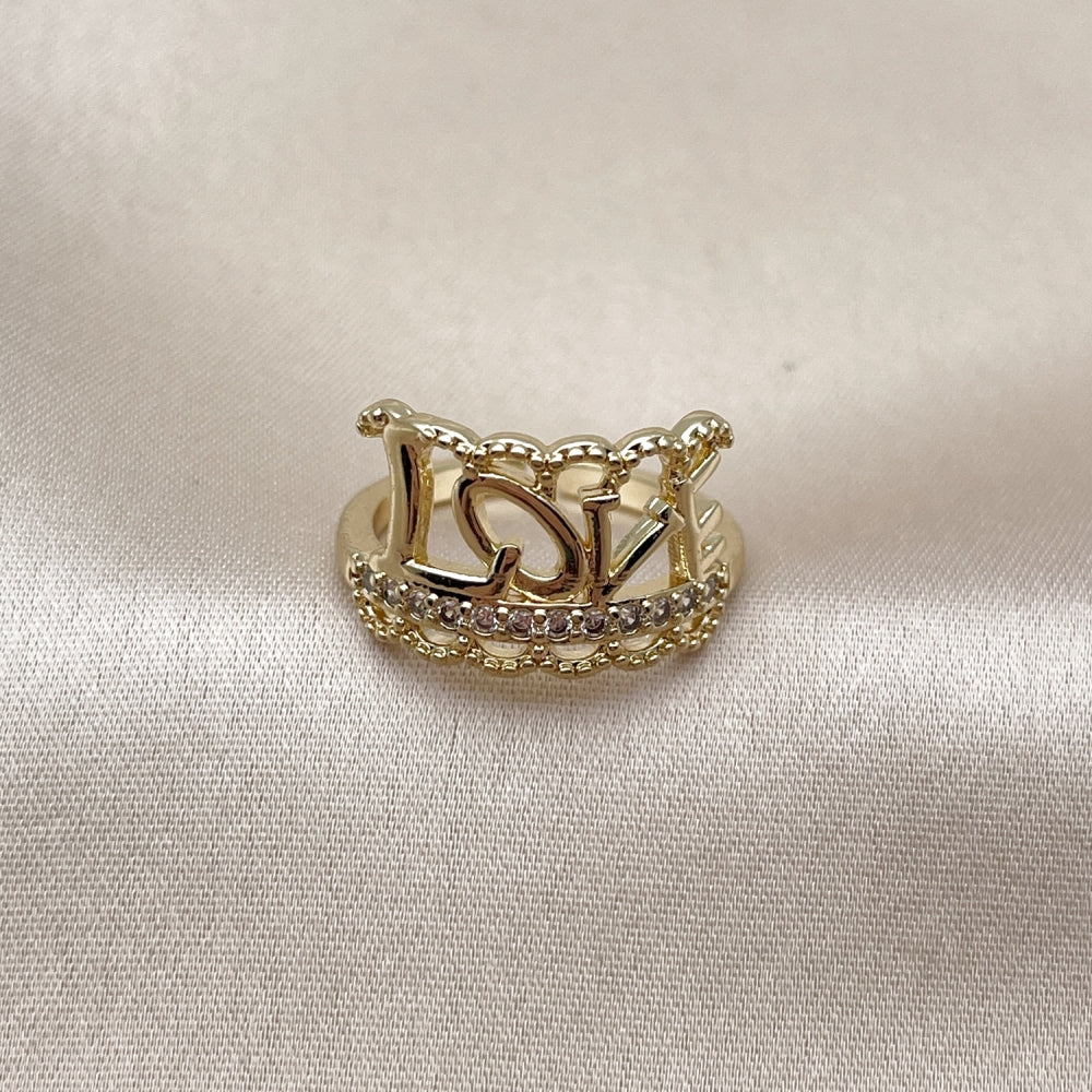 Oro Laminado Multi Stone Ring, Gold Filled Style Love Design, with White Cubic Zirconia, Polished, Golden Finish