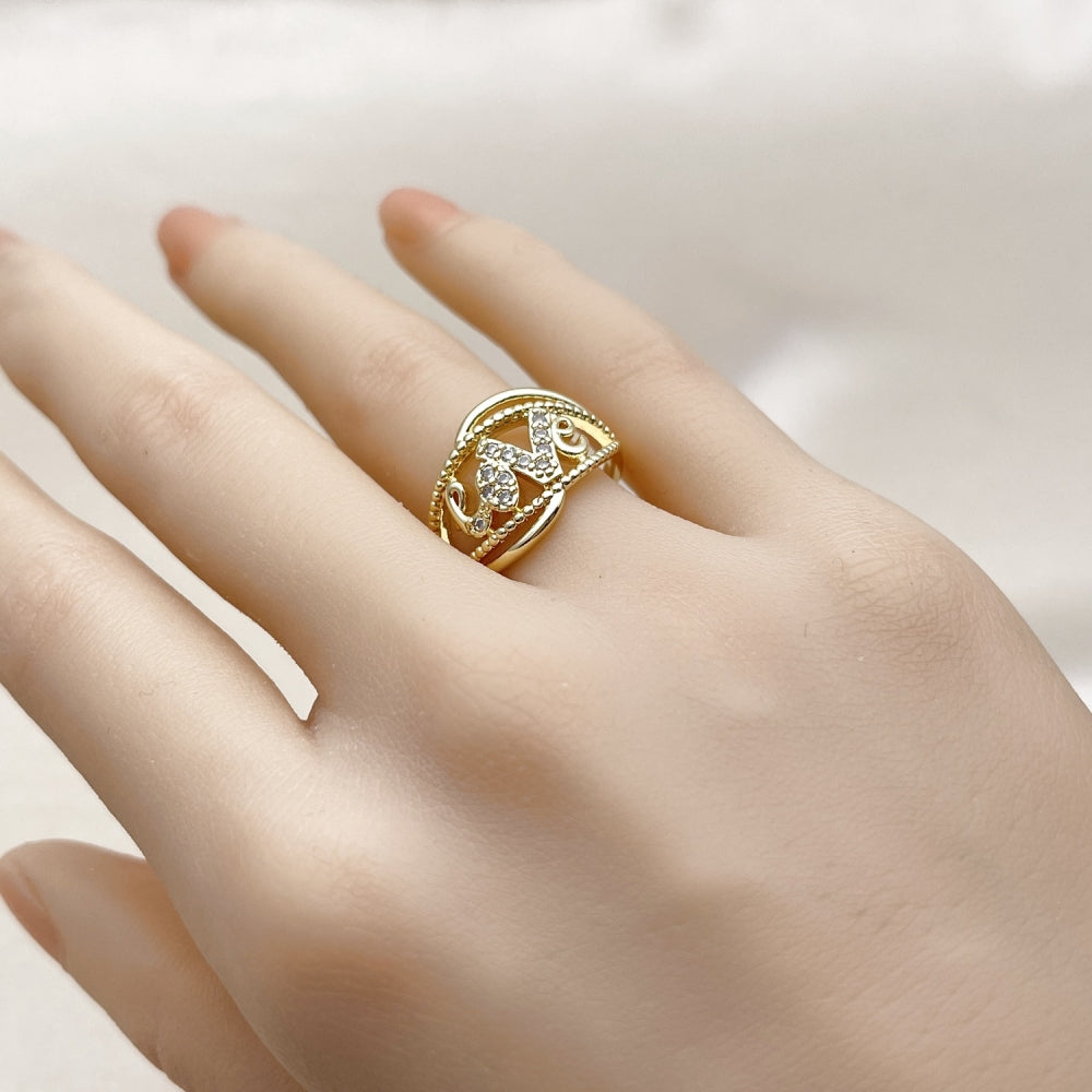 Oro Laminado Multi Stone Ring, Gold Filled Style Love Design, with White Cubic Zirconia, Polished, Golden Finish
