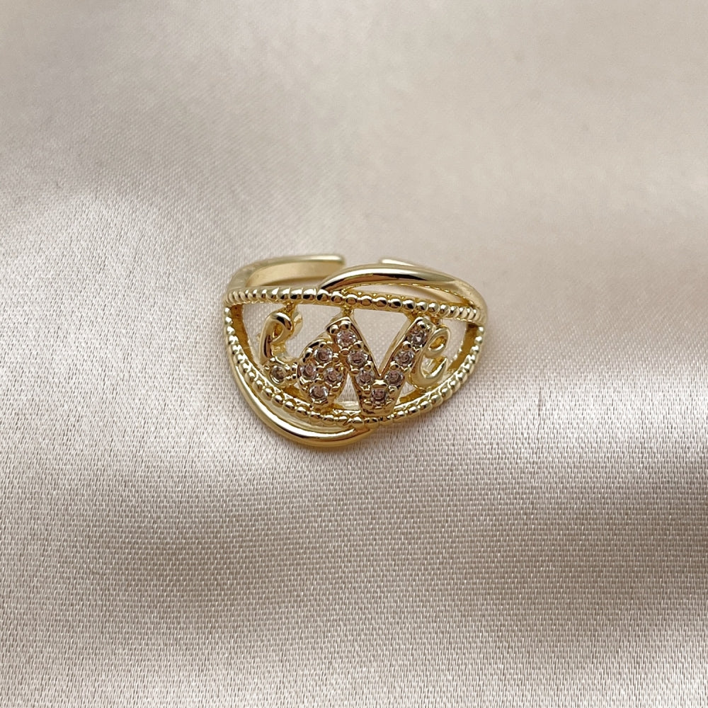 Oro Laminado Multi Stone Ring, Gold Filled Style Love Design, with White Cubic Zirconia, Polished, Golden Finish