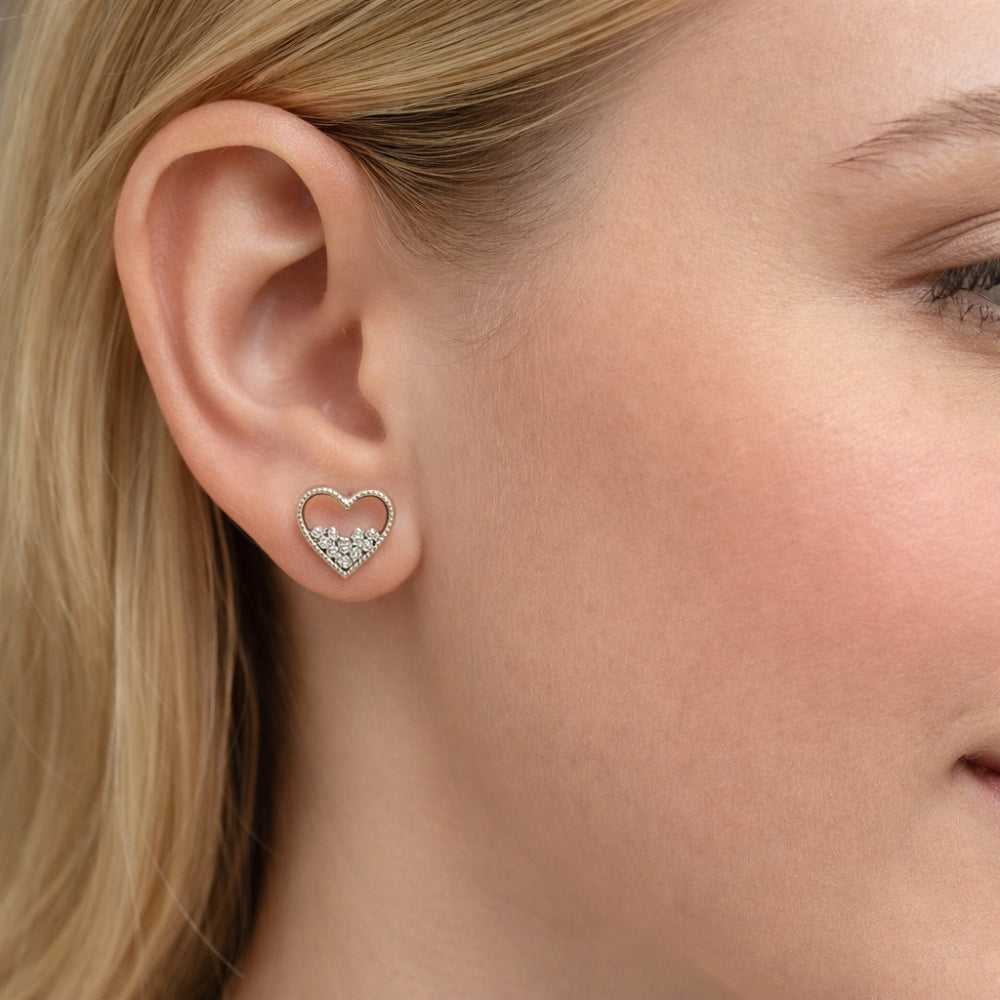 Rhodium Gold Filled Stud Earring, Heart Design, with White Micro Pave, Polished, Rhodium Finish