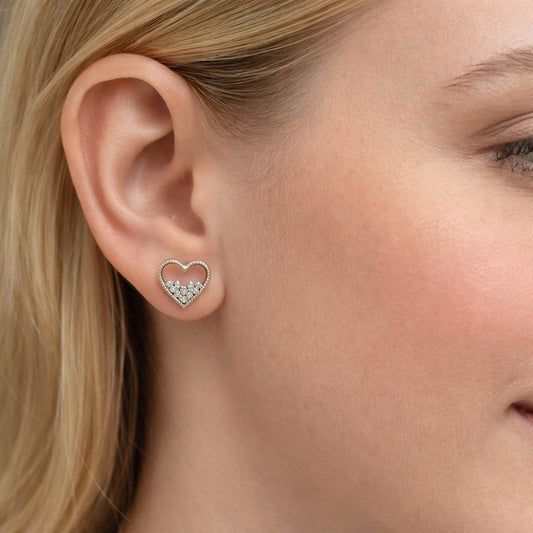 Rhodium Gold Filled Stud Earring, Heart Design, with White Micro Pave, Polished, Rhodium Finish