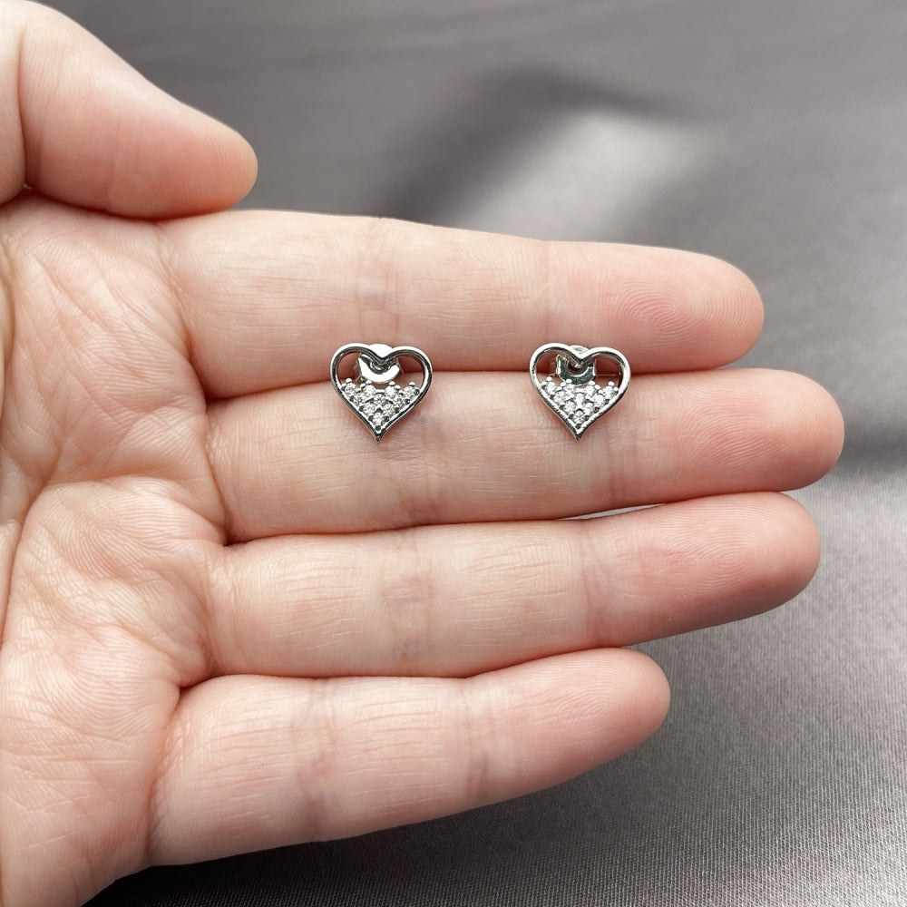 Rhodium Gold Filled Stud Earring, Heart Design, with White Micro Pave, Polished, Rhodium Finish
