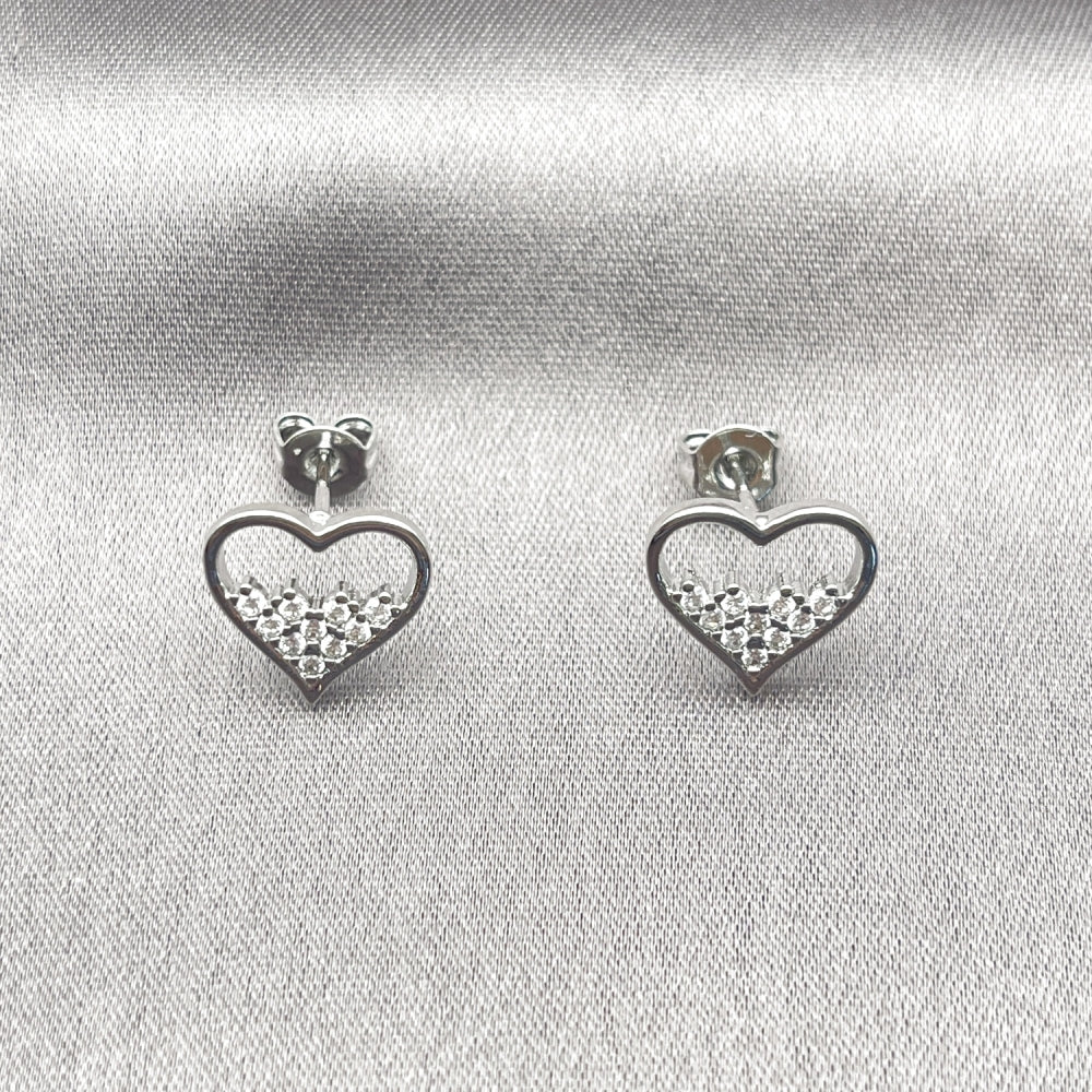 Rhodium Gold Filled Stud Earring, Heart Design, with White Micro Pave, Polished, Rhodium Finish