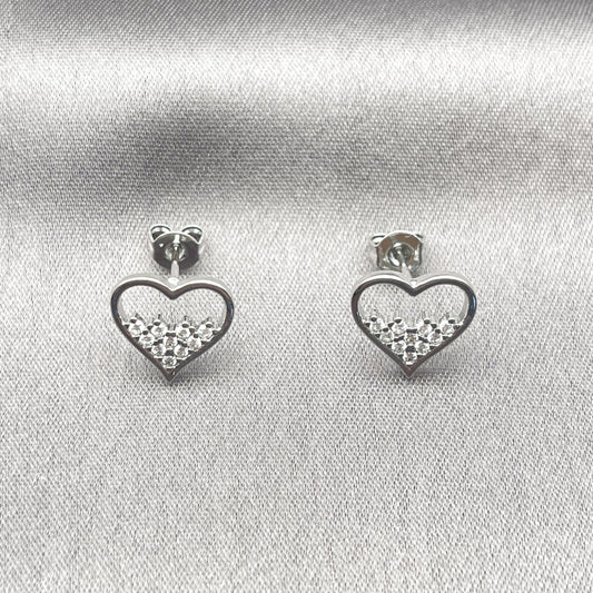Rhodium Gold Filled Stud Earring, Heart Design, with White Micro Pave, Polished, Rhodium Finish