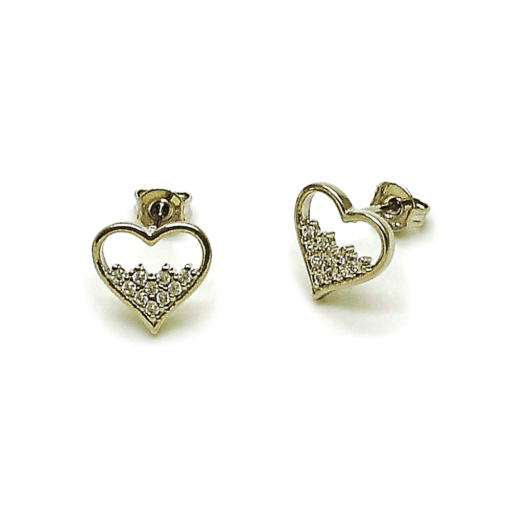 Rhodium Gold Filled Stud Earring, Heart Design, with White Micro Pave, Polished, Rhodium Finish