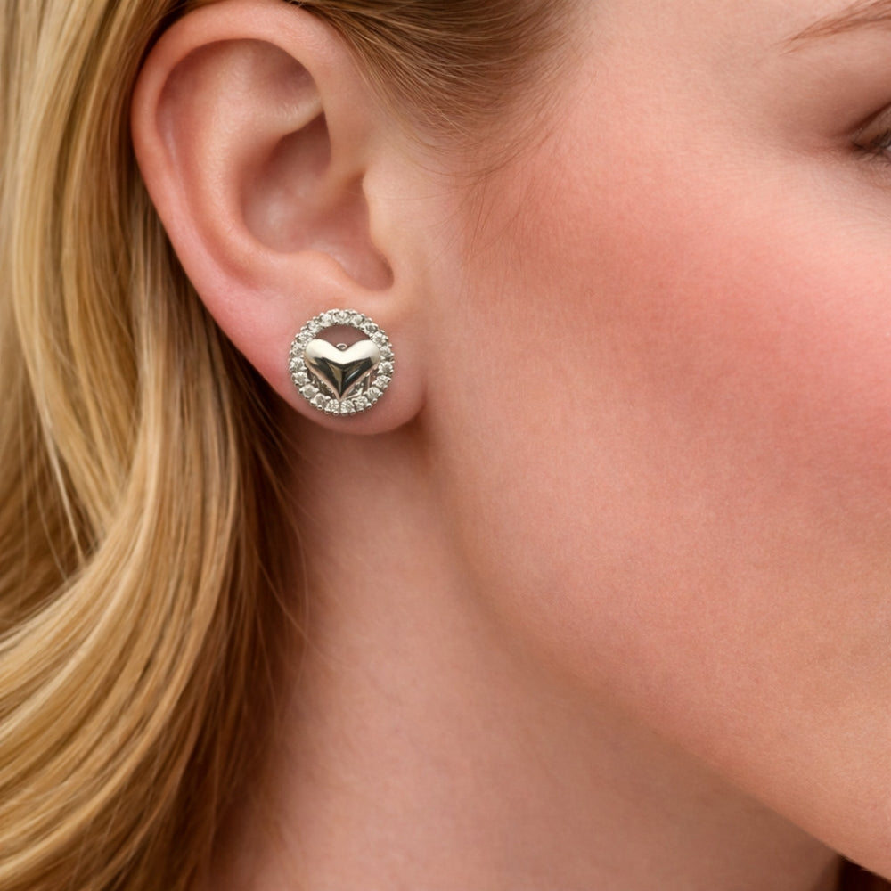 Rhodium Gold Filled Stud Earring, Heart Design, with White Cubic Zirconia, Polished, Rhodium Finish