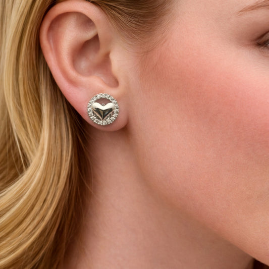 Rhodium Gold Filled Stud Earring, Heart Design, with White Cubic Zirconia, Polished, Rhodium Finish