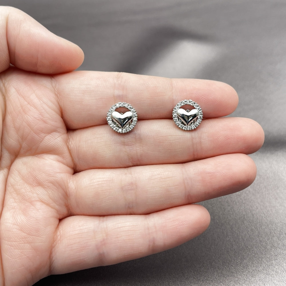 Rhodium Gold Filled Stud Earring, Heart Design, with White Cubic Zirconia, Polished, Rhodium Finish