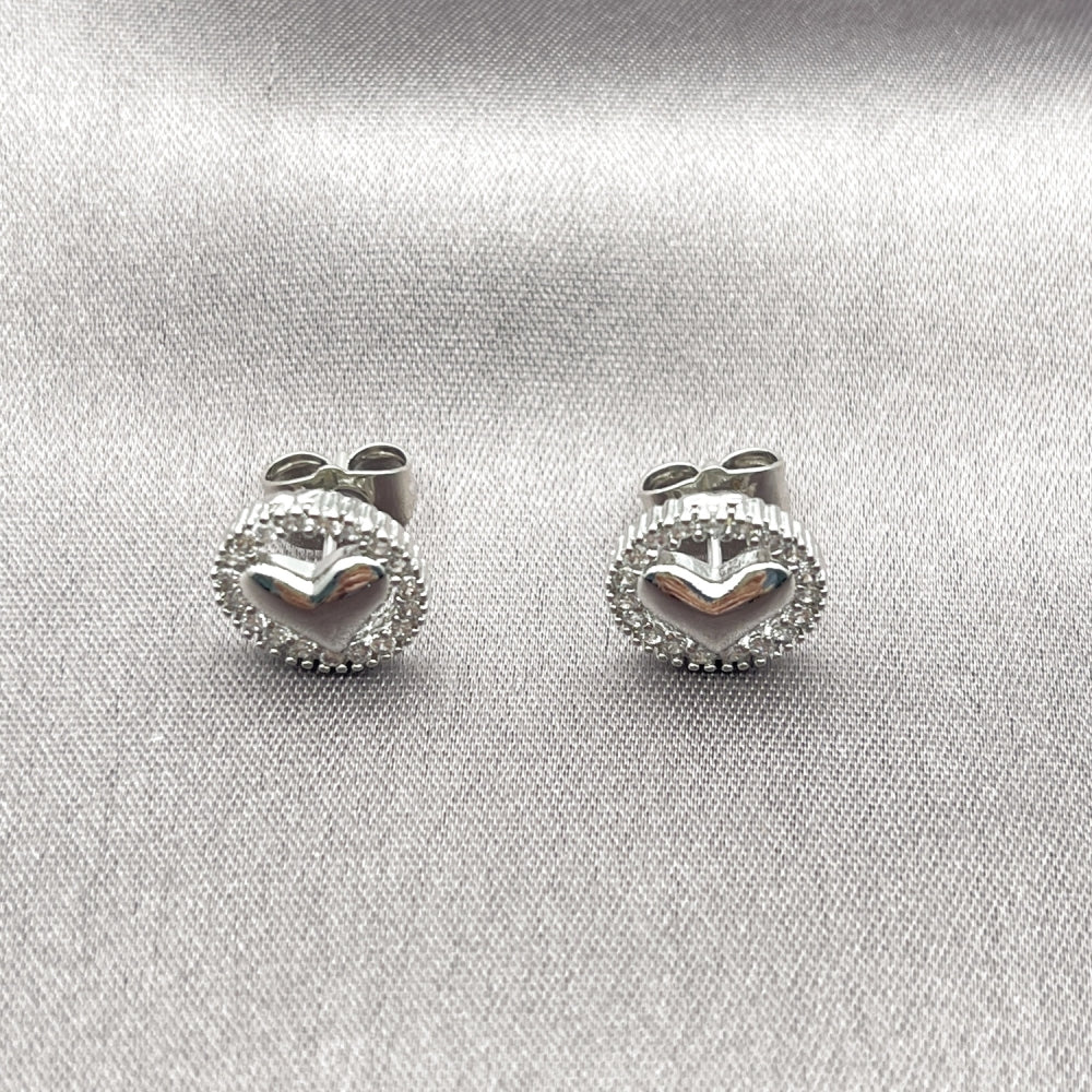 Rhodium Gold Filled Stud Earring, Heart Design, with White Cubic Zirconia, Polished, Rhodium Finish