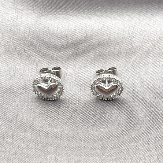 Rhodium Gold Filled Stud Earring, Heart Design, with White Cubic Zirconia, Polished, Rhodium Finish