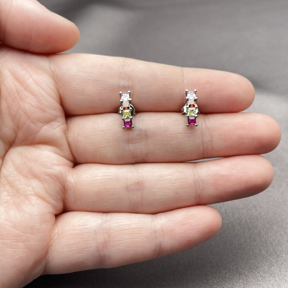 Rhodium Gold Filled Stud Earring, with Multicolor Cubic Zirconia, Polished, Rhodium Finish