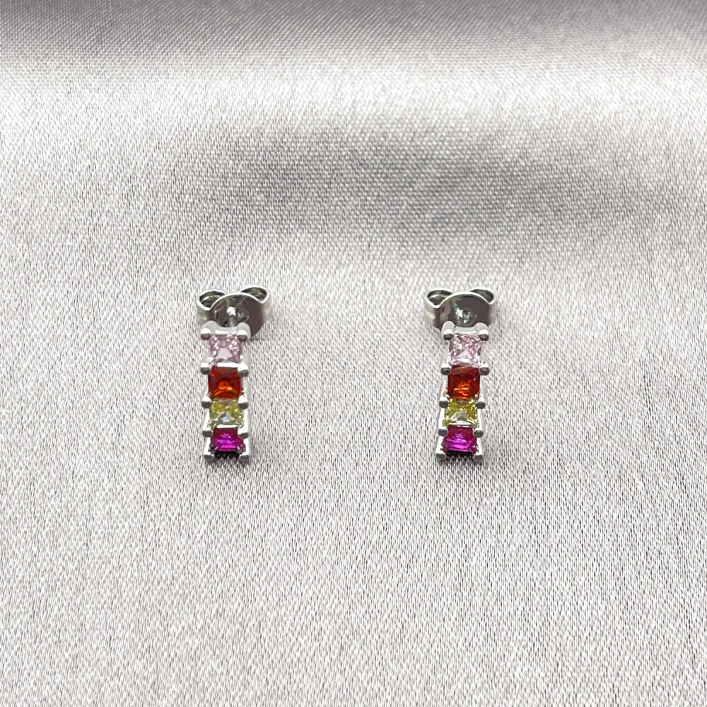 Rhodium Gold Filled Stud Earring, with Multicolor Cubic Zirconia, Polished, Rhodium Finish