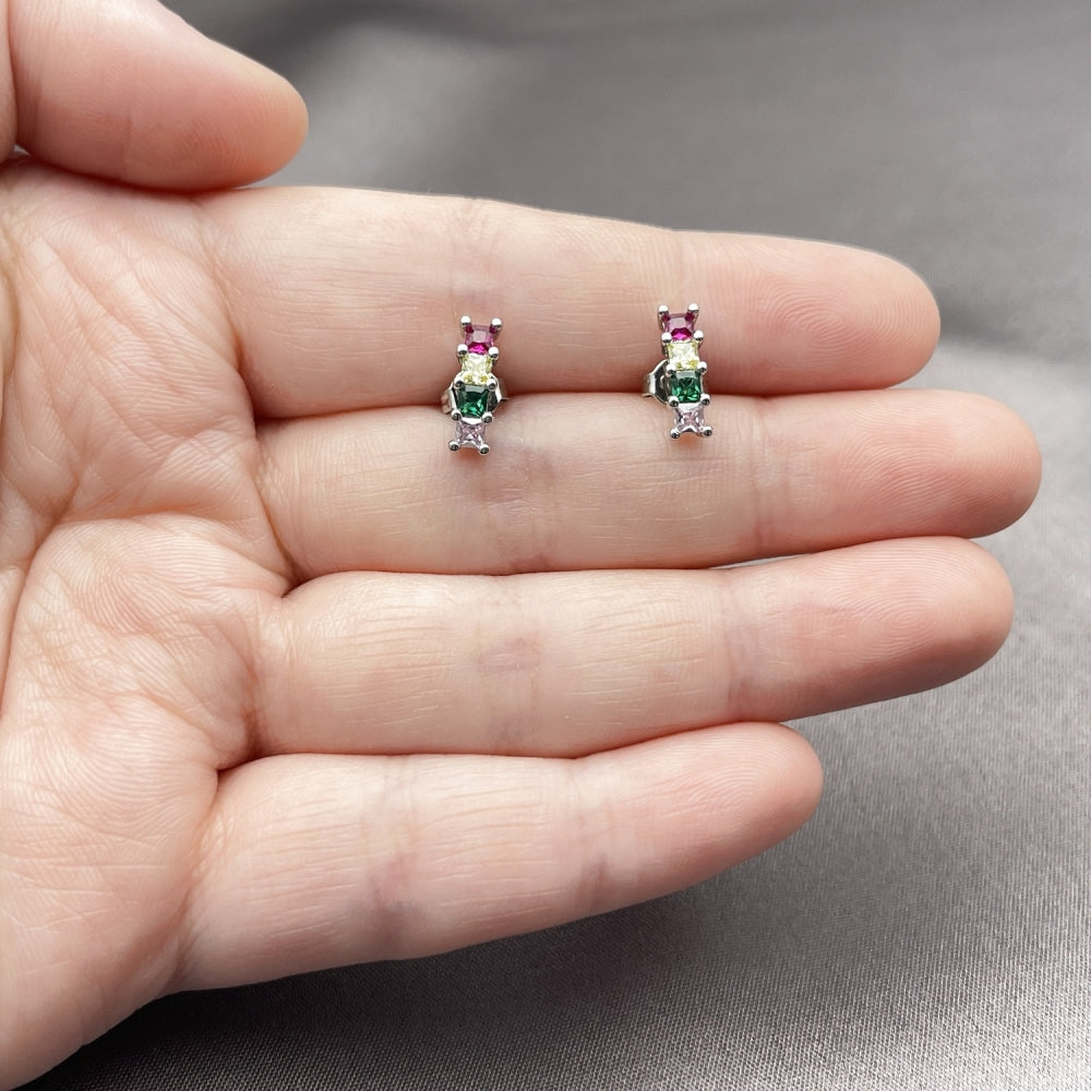 Rhodium Gold Filled Stud Earring, with Multicolor Cubic Zirconia, Polished, Rhodium Finish