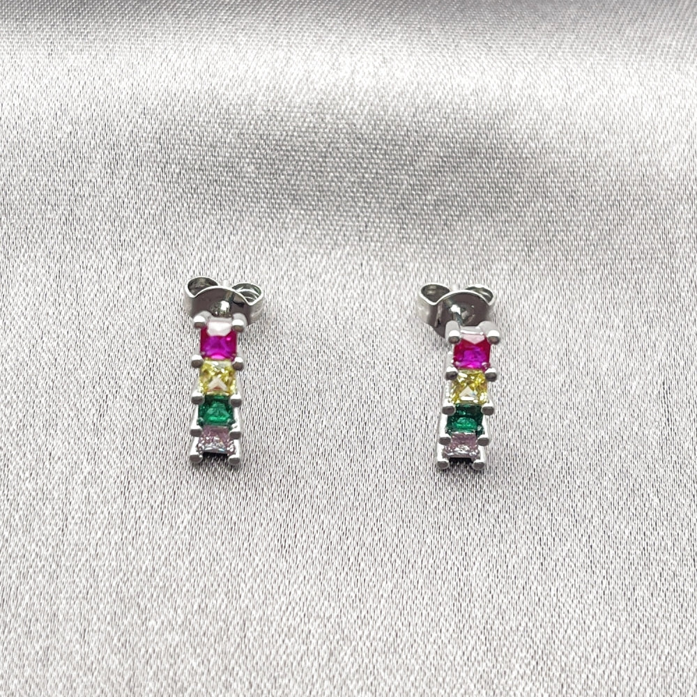 Rhodium Gold Filled Stud Earring, with Multicolor Cubic Zirconia, Polished, Rhodium Finish