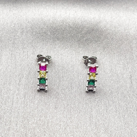 Rhodium Gold Filled Stud Earring, with Multicolor Cubic Zirconia, Polished, Rhodium Finish