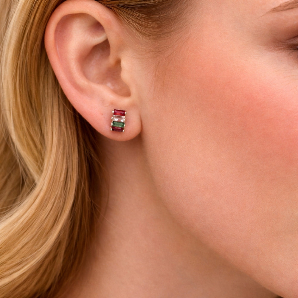 Rhodium Gold Filled Stud Earring, Baguette Design, with Multicolor Cubic Zirconia, Polished, Rhodium Finish