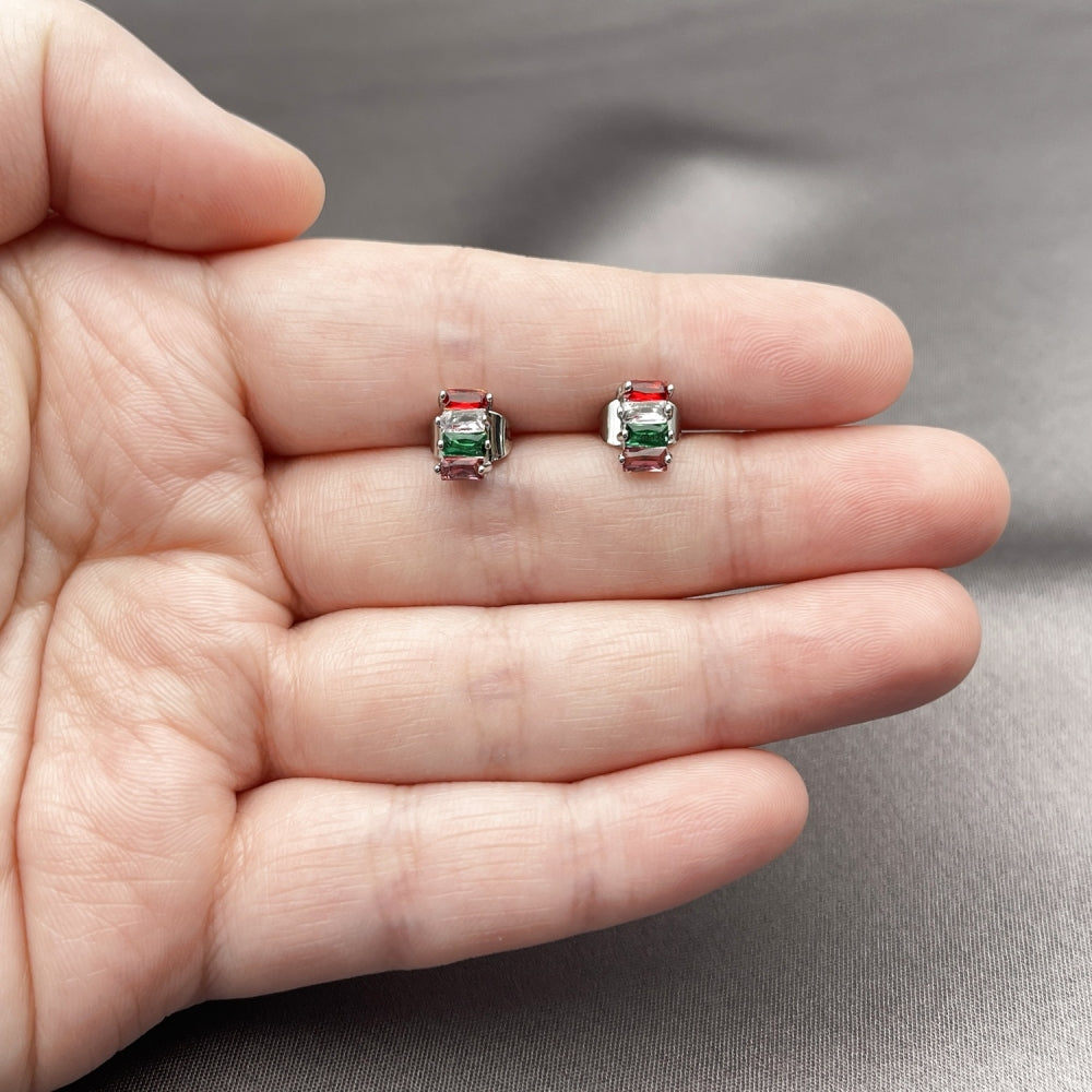 Rhodium Gold Filled Stud Earring, Baguette Design, with Multicolor Cubic Zirconia, Polished, Rhodium Finish