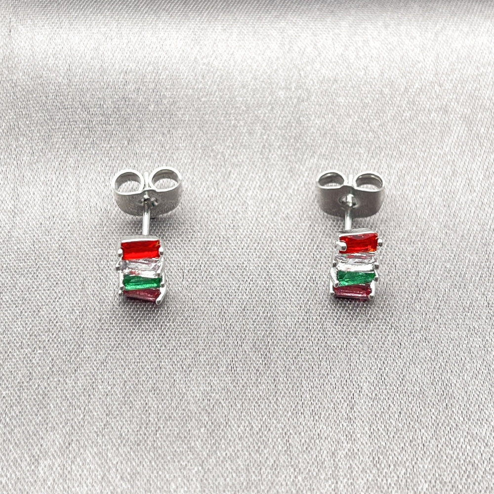 Rhodium Gold Filled Stud Earring, Baguette Design, with Multicolor Cubic Zirconia, Polished, Rhodium Finish