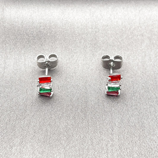 Rhodium Gold Filled Stud Earring, Baguette Design, with Multicolor Cubic Zirconia, Polished, Rhodium Finish